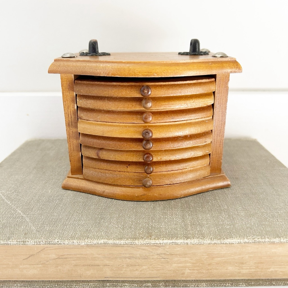 Retro Mid-Century Modern Wooden Coaster Set 8 Coaster And Display Box Vintage